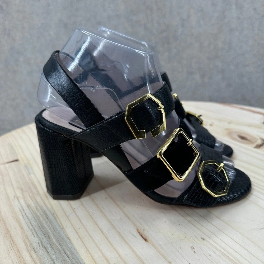 Louise et Cie Block Heel Sandals Womens 6 Black Lizard Embossed Triple Buckle